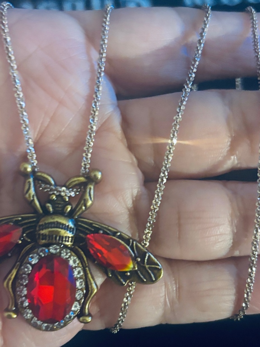 Vintage-Inspired Gold Bee Pendant Necklace with Red Crystal